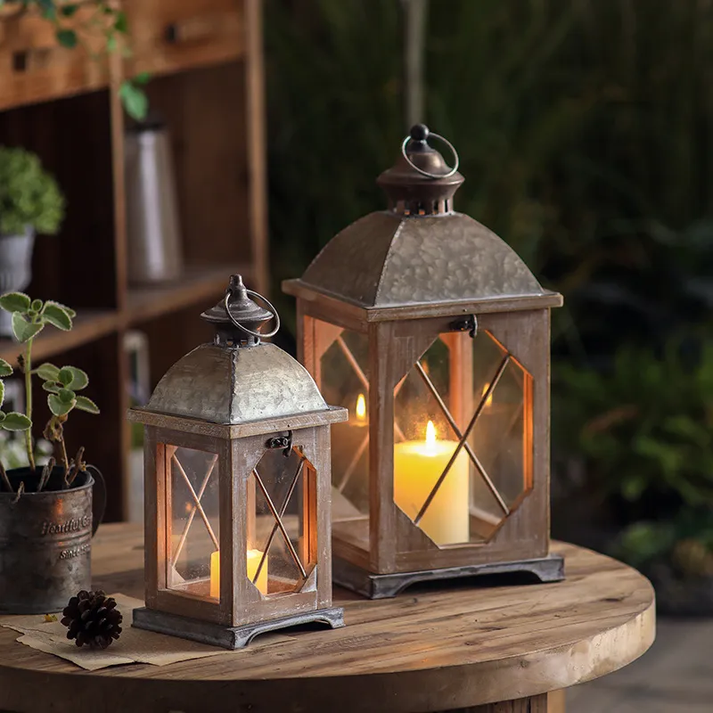 Distressed Wood Iron Glass Candle Holder Wind Lamp American Country Desktop Decorative Ornament For Wedding Party