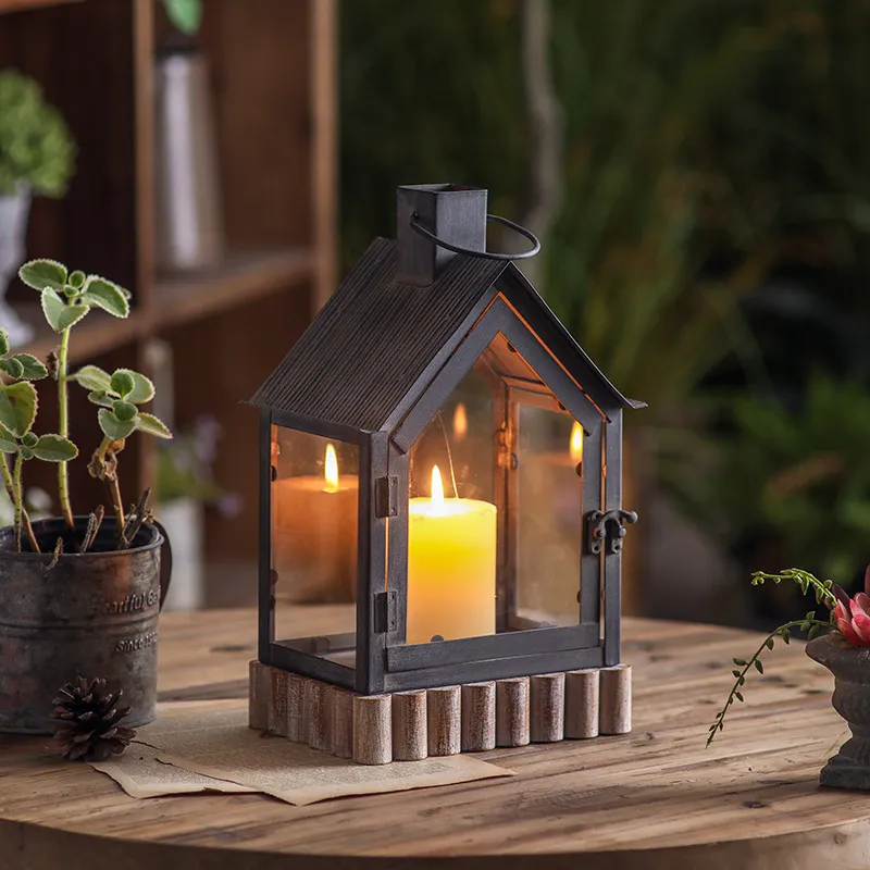 Gothic Small House Candle Holder Retro Iron And Glass Decorative Lantern Wind Lamp For Home Indoor Living Room Decor