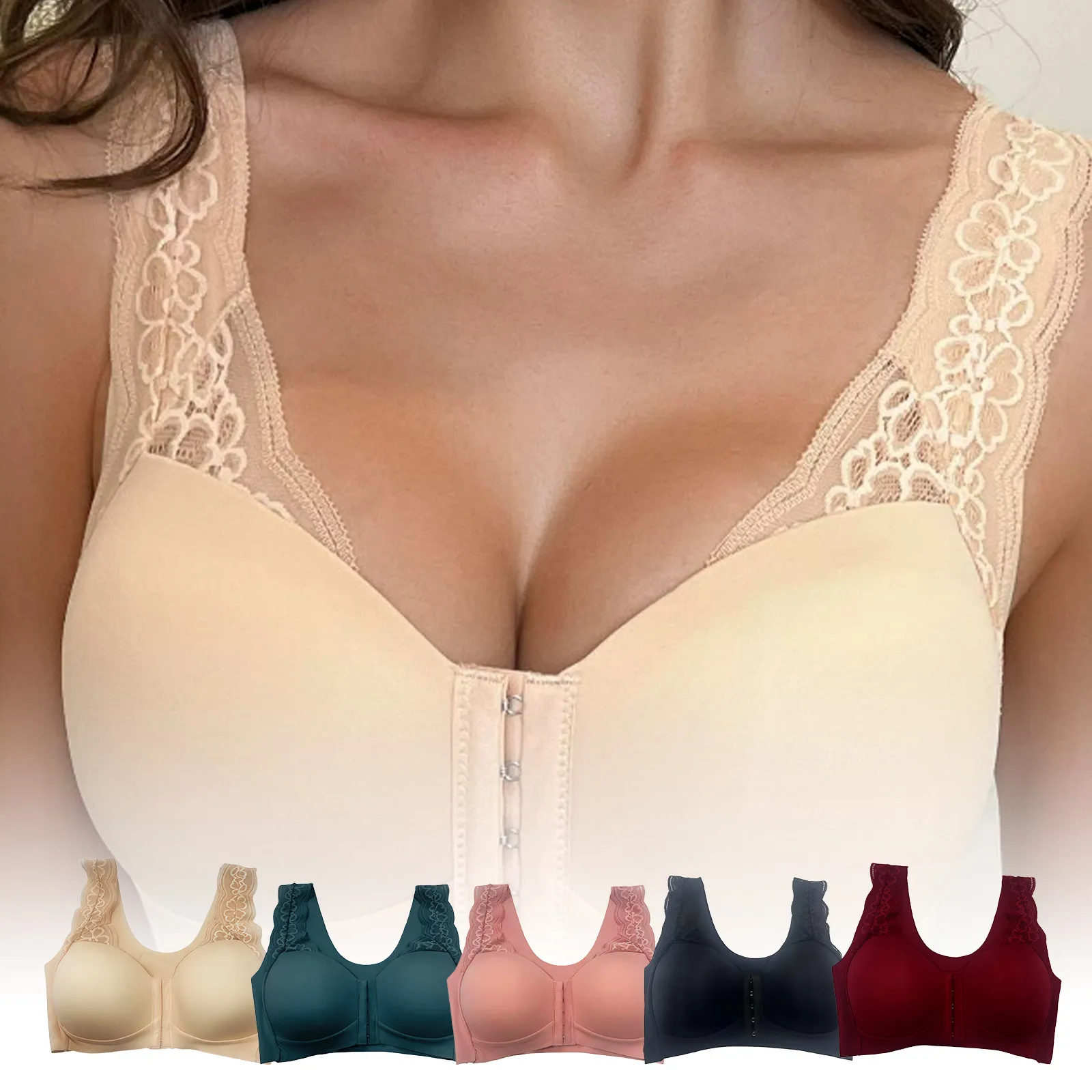 Women Sexy Lace Front Buckle Bra Wireless Push Up Lingerie Comfortable Breathable Vest Style Intimates Everyday Underwear