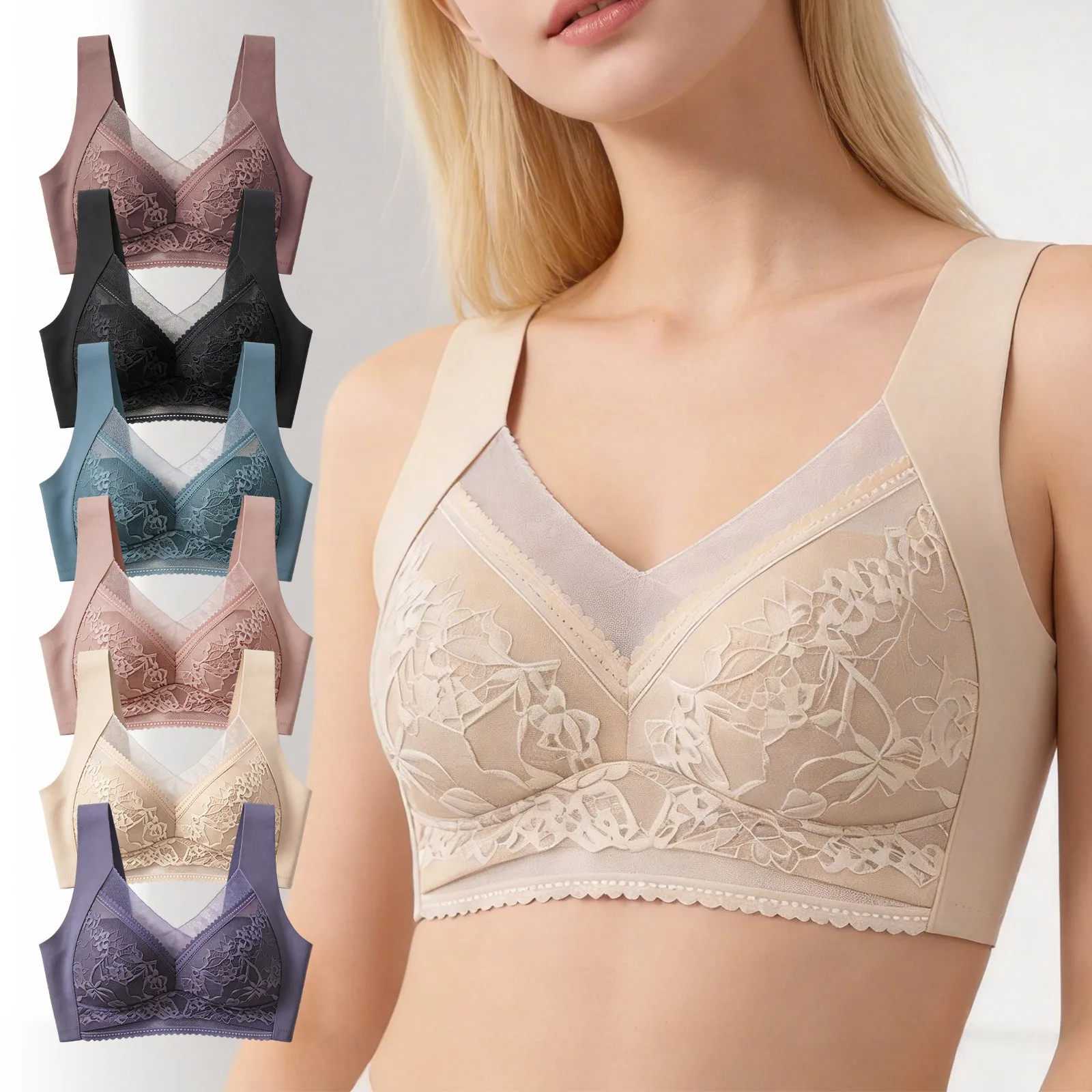 Women's Wire-Free Lace Bra Comfortable Breathable Wide Shoulder Straps Bralette Fixed Cup Seamless Lingerie Daily Intimates