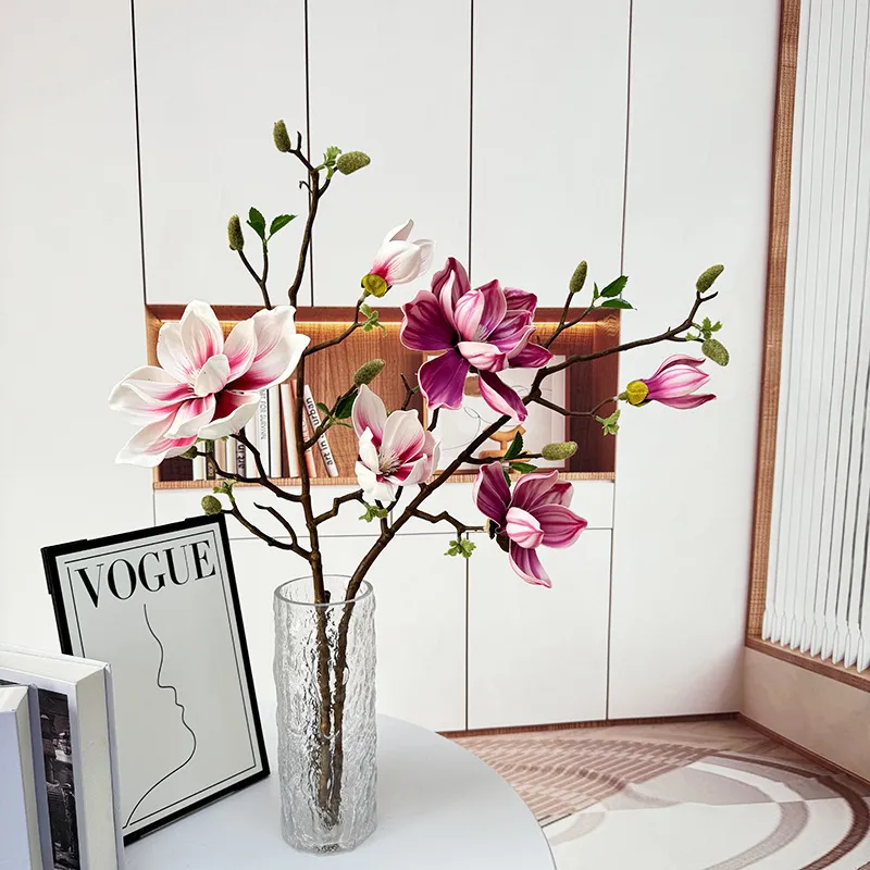 Künstlicher Magnolienblütenzweig PU Beflockt Simulation Lotusblume Heimdekoration Hochzeit Fotografie Requisiten