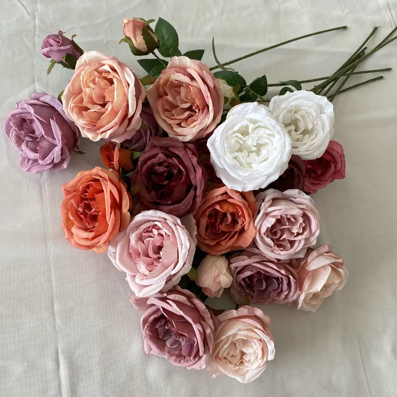Artificial Rose Flower Bouquet Brushed Cloth 3 Heads Austin Rose For Home Hotel Decoration Wedding Floral Arrangement