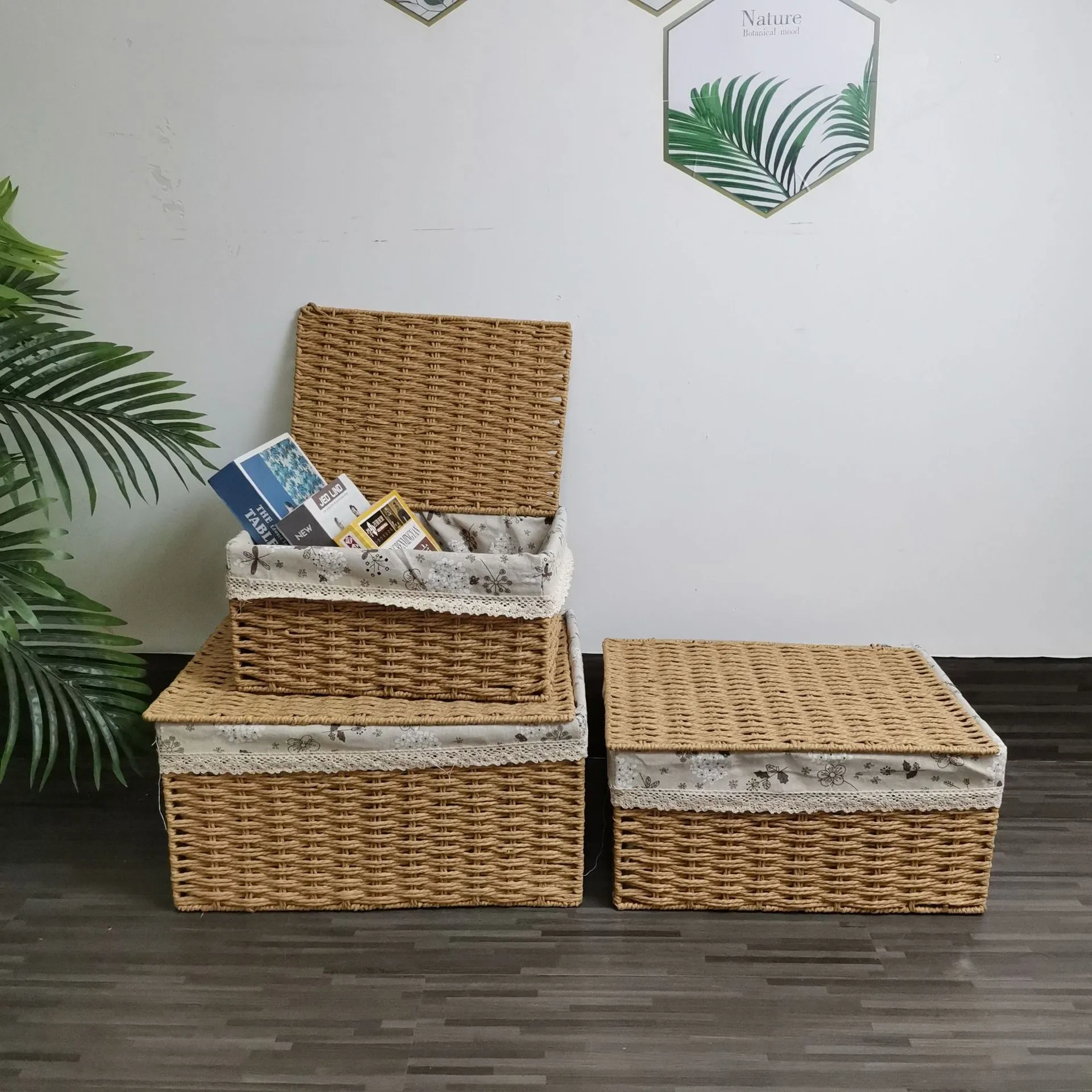 Panier de Rangement en Osier avec Couvercle Doublure en Tissu Organisateur d'Articles Divers Tissé à la Main Grand Moyen Petit Bac de Rangement