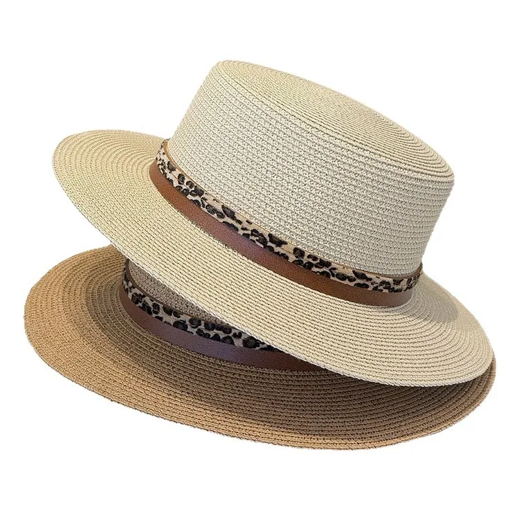 Sombrero de Paja de Verano para Mujer Copa Plana Ala Ancha Sombrero de Sol Cinturón de Cuero con Estampado de Leopardo Vacaciones en la Playa Sombrero Transpirable Casual