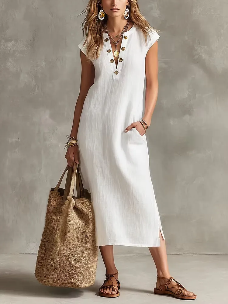 Abito Maxi Lungo in Lino Tinta Unita Casual con Scollo a V e Maniche Volant per Donna Vita Alta Dritto per Spiaggia Estiva
