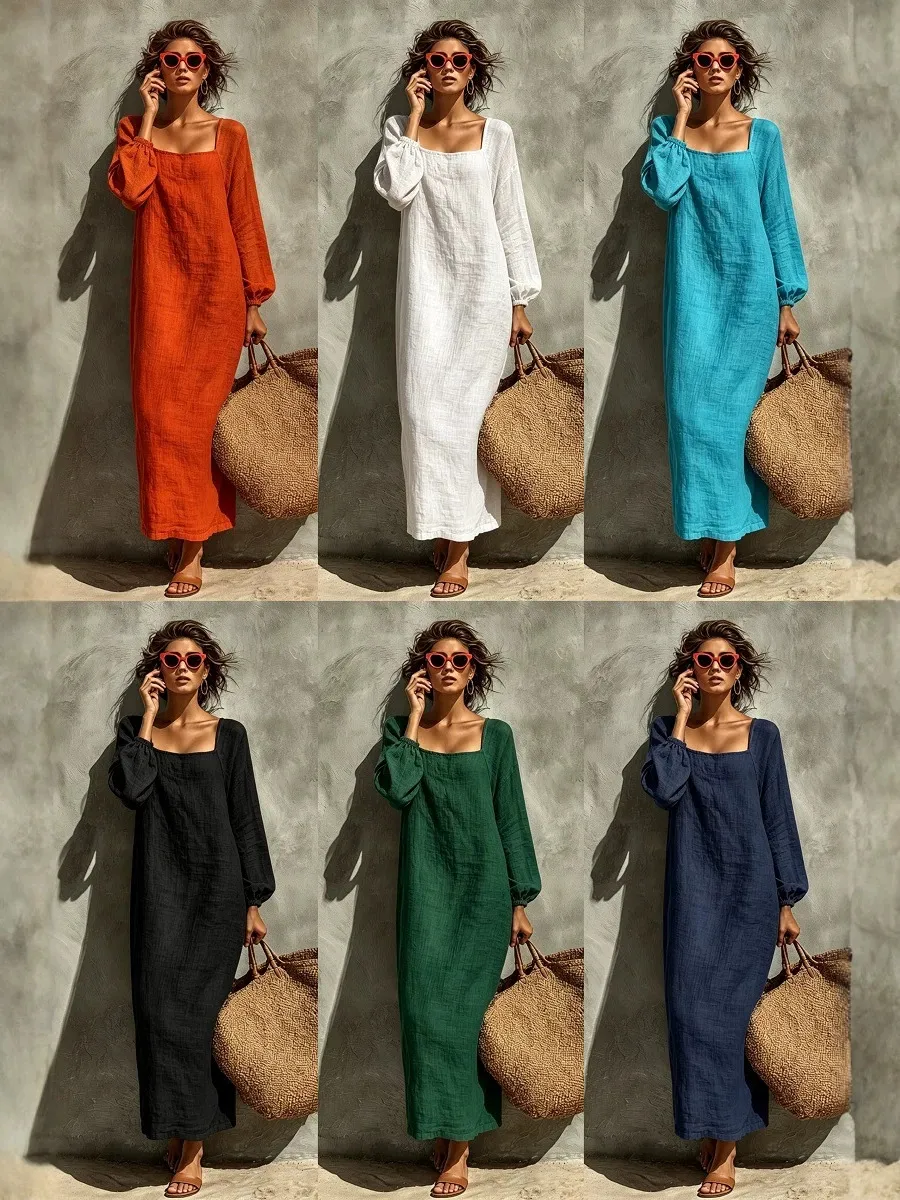 Damen Französisch Vintage Einfarbig Langarm Maxi Kleid Elegantes Viereckiges Ausschnitt Lässiges langes Kleid Herbst Mode Bekleidung