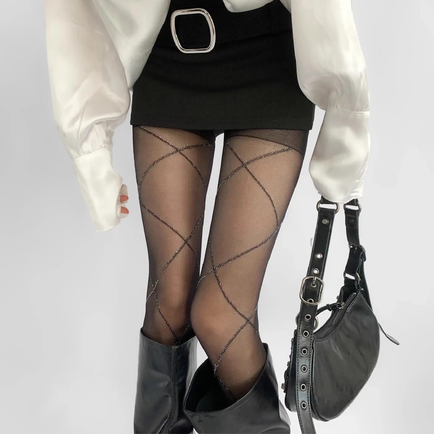 Women's Vintage Criss-Cross Diamond Pattern Sheer Tights High Elasticity Slimming Pantyhose Sexy Slim Fit Leggings