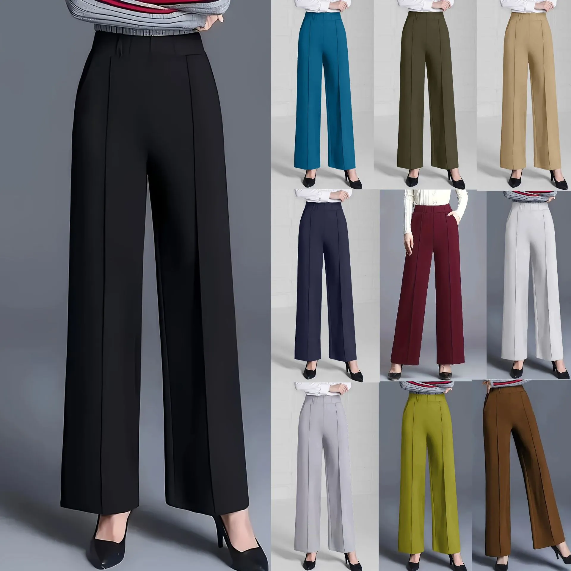 Damen Casual Hohe Taille Locker Weite Beinhose Einbufarbig Elastischer Bund Lange Hose