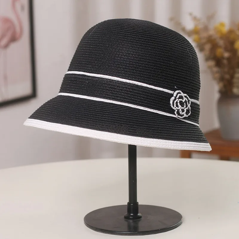 Cappello da Sole in Paglia da Donna Elegante Francese a Tesa Larga per l'Estate Spiaggia Nastro di Fiore di Camelia Copricapo alla Moda
