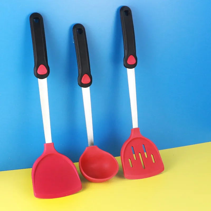 Silicone Kitchen Spatula Soup Spoon Slotted Spatula Heat Resistant Cooking Utensil With Stainless Steel Handle Non-Stick Cookware Tool