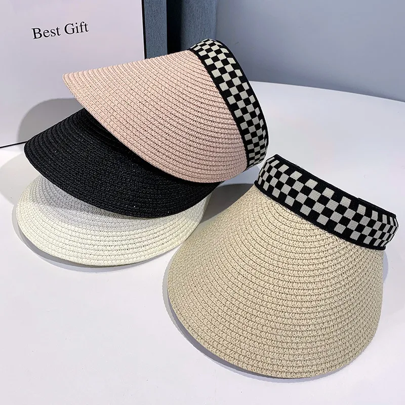 Damen Sommer Stroh Sonnenhut Lässig Einfarbig Leerer Top Visor Hut Outdoor Strand Sonnenschutz Hut
