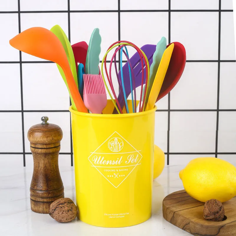 Colorful Silicone Cookware Set Kitchen Utensils Set with Storage Bucket Non-Stick Heat Resistant Cooking Tools