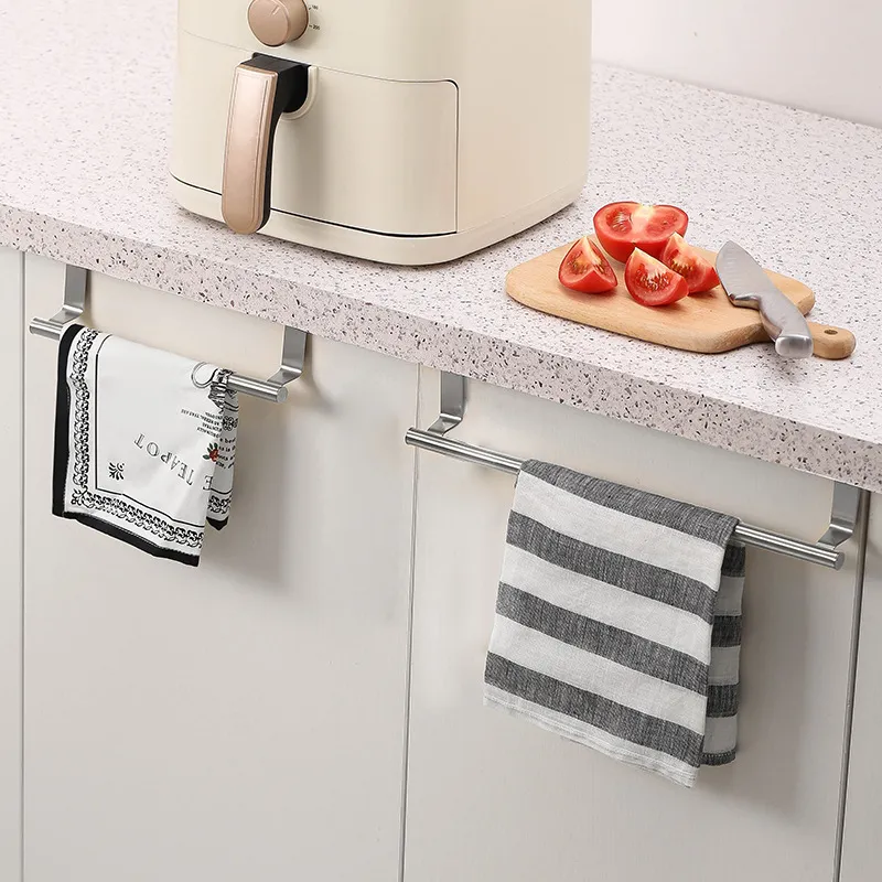 Stainless Steel Single Towel Bar Punch Free Cabinet Door Back Hanging Rag Holder Kitchen Bathroom Storage Organizer