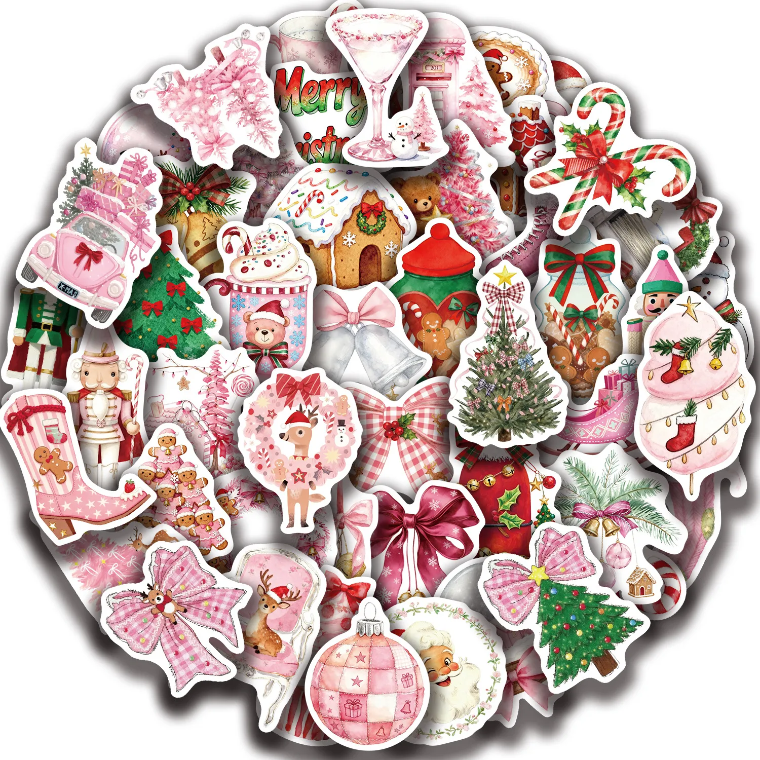 Autocollants de Noël Rose Autocollants PVC Imperméables Mignons Dessins Animés Décoration De Vacances Pour Scrapbook Journal Bouteille D'Eau