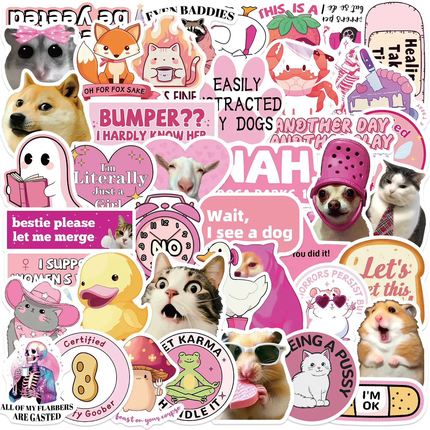 Pink Funny Meme Graffiti Waterproof Stickers Cute Cartoon Decals For DIY Scrapbook Phone Laptop Water Bottle Decoration