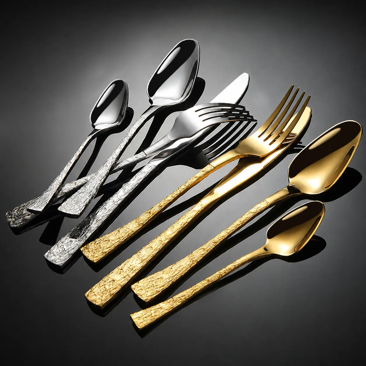 Vajilla Occidental de Acero Inoxidable con Textura de Corteza Cuchillo Tenedor Cuchara Dorado Plateado Cubiertos de Lujo