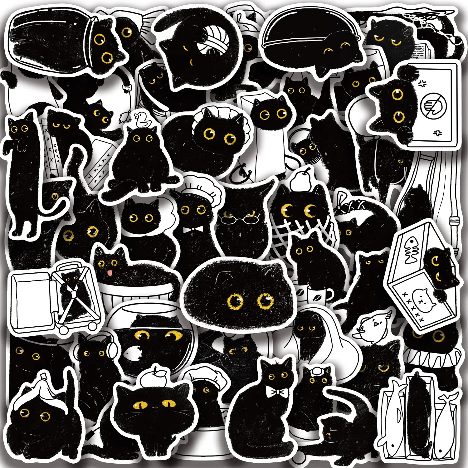 Paquet d'Autocollants Imperméables Chat Noir Mignons Stickers Animaux de Dessin Animé Pour Journal Ordinateur Valise Bouteille