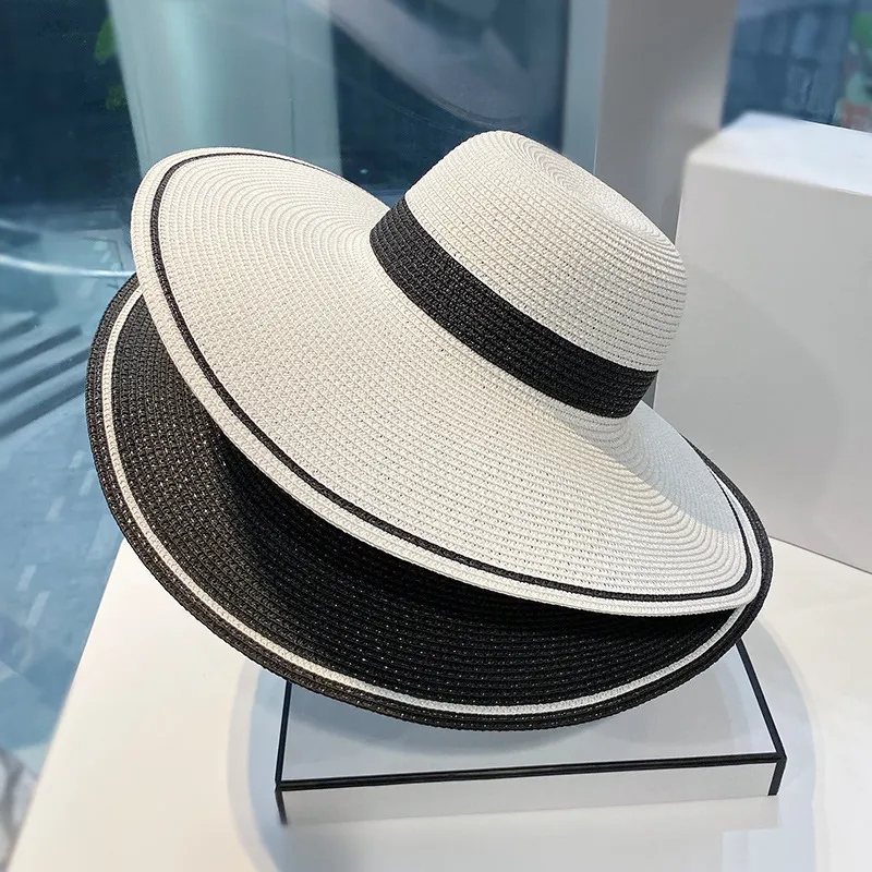 Cappello da Sole in Paglia a Tesa Larga Stile Francese da Donna per Vacanze Estive al Mare Protezione Solare Blocco Colore