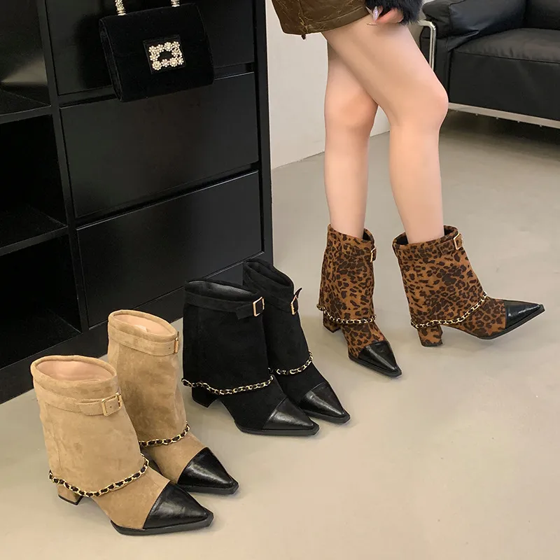 Womens Fashion Short Boots Pointy Toe Thick Heel Suede Ankle Boots With Metal Chain Design Autumn Winter Shoes
