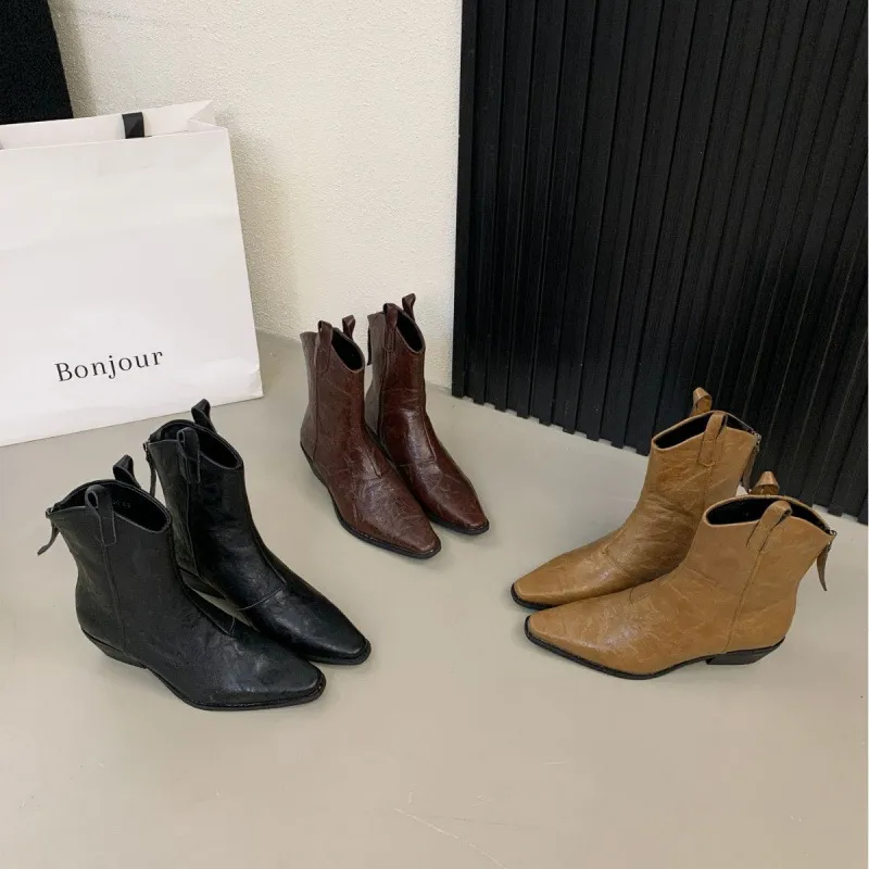 Women's Vintage Chunky Heel Pointed Toe Cowboy Boots Retro Short Boots Fall Fashion PU Leather Booties Women Footwear