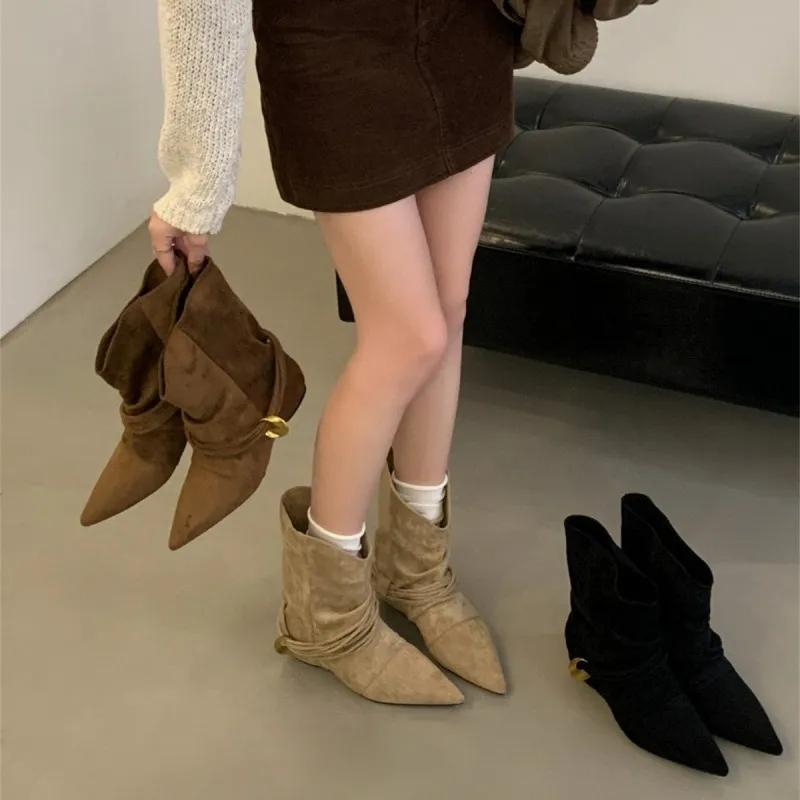 Stivaletti a Metà Polpacco con Punta Affusolata da Donna Tacco Largo Stivali Cowboy Western Morbidi Stivali Corti in Microfibra Calzature alla Moda