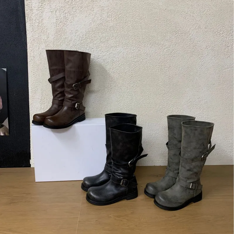 Bottes Longues Western Cowboy à Talon Carré pour Femmes Mode Tige Haute Rétro Bout Rond