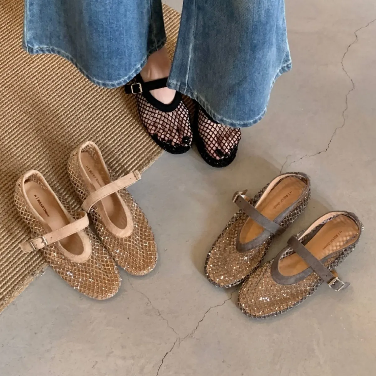 Women Flat Mary Jane Shoes Round Toe Mesh Rhinestone Ballet Flats Casual Commuting Walking Footwear