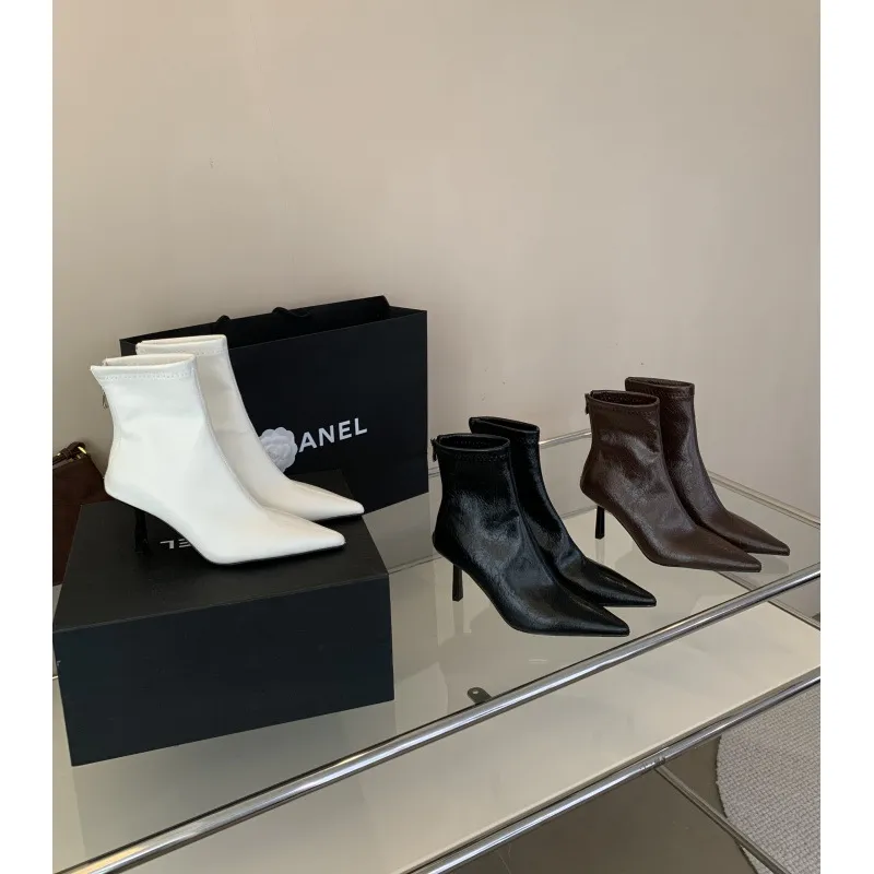 Botines de Tacón Alto Stiletto Vintage Francés para Mujer Punta Puntiaguda Cremallera Trasera Cuero Sintético