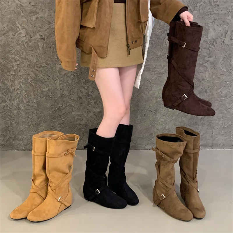 Women Suede High Boots Vintage Western Cowboy Long Boots Side Buckle Belt Chunky Wedge Heel Winter Tall Boots