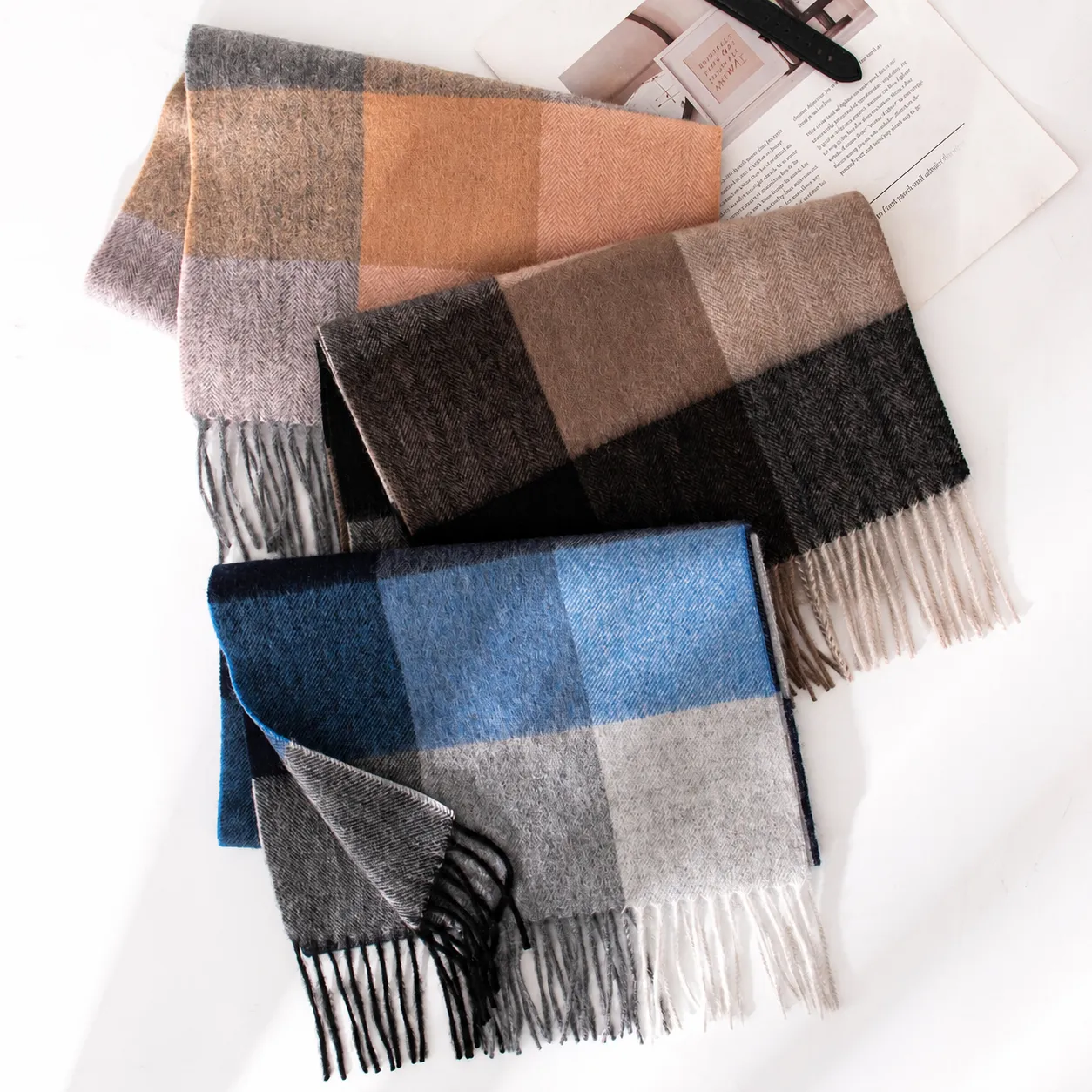 Winter Warm 100% Wool Scarf Unisex Classic Plaid Colorblock Tassel Fringe Long Fashion Soft Cozy Winter Neck Scarf