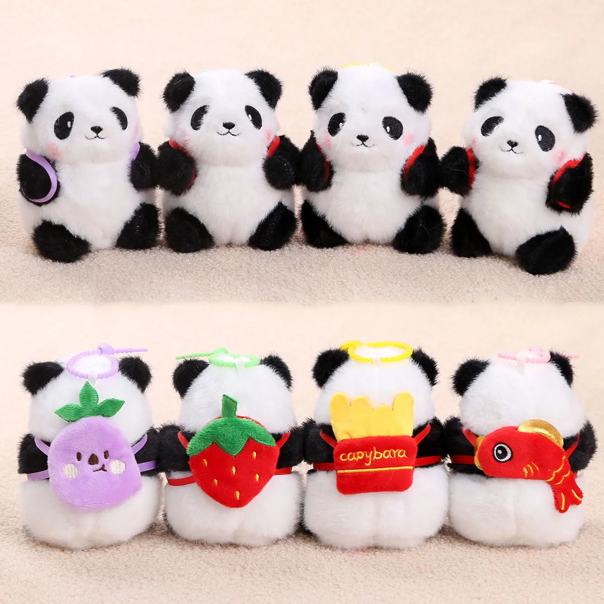 Süßer Panda Plüschtier Anhänger Cartoon Tier Stoffpuppe Taschenanhänger Erdbeere Koi Pommes Rucksack Schlüsselanhänger Geschenk für Kinder Damen