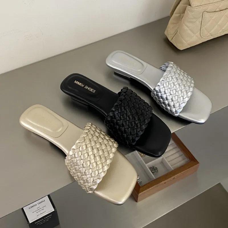 Mujeres Moda Casual Verano Cuadrado Punta Abierta Trenzado Mules Zapatillas Tacón Ancho Bajo Estilo Diseñador