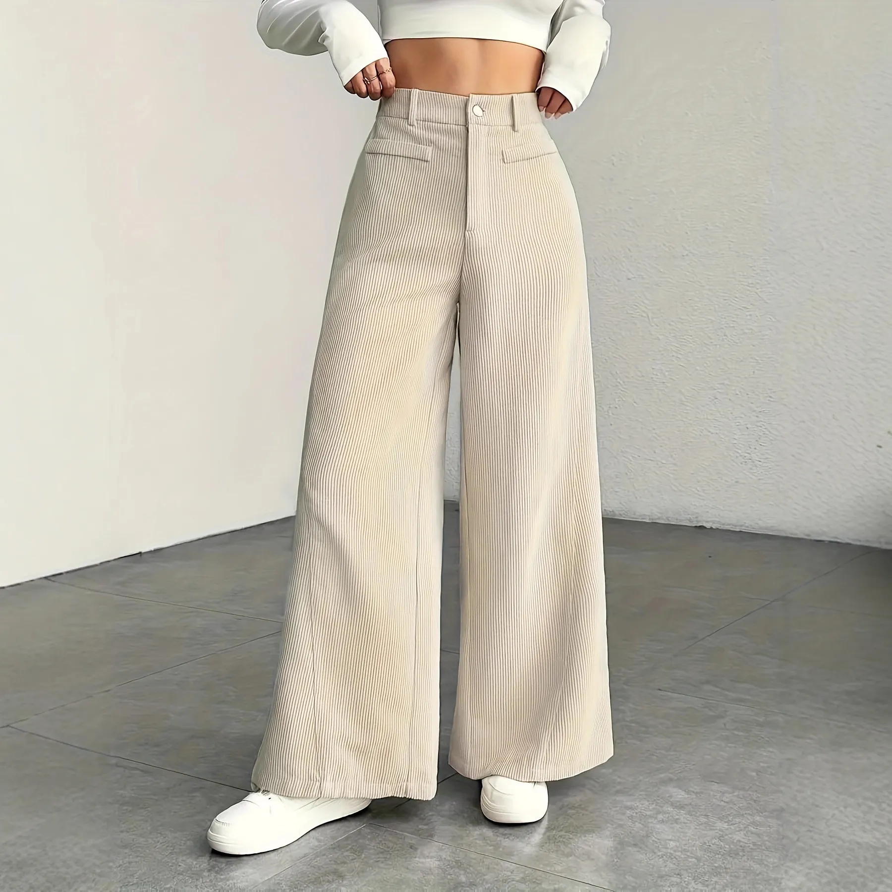 Women Casual High Waist Corduroy Wide Leg Pants Fall Winter Solid Color Loose Long Trousers Commuter Fashion Bottoms