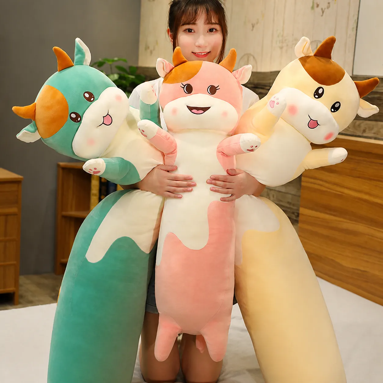 Cute Cartoon Cow Plush Toy Long Strip Pillow Soft Stuffed Animal Doll Bed Sleeping Leg Pillow Companion Gift For Kids Girls
