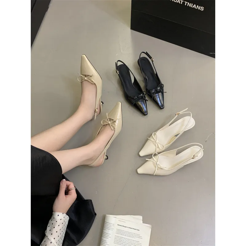 Zapatos de Tacón Slingback con Punta Puntiaguda Estilo Francés para Mujer Tacón de Aguja Lazo Elegante