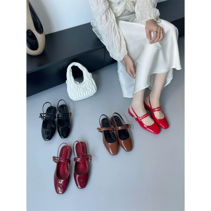 Chaussures Slingback Femme Mode Cuir Verni Talon Block Bout Carré Escarpins Talon Moyen Casual Dress Chaussures