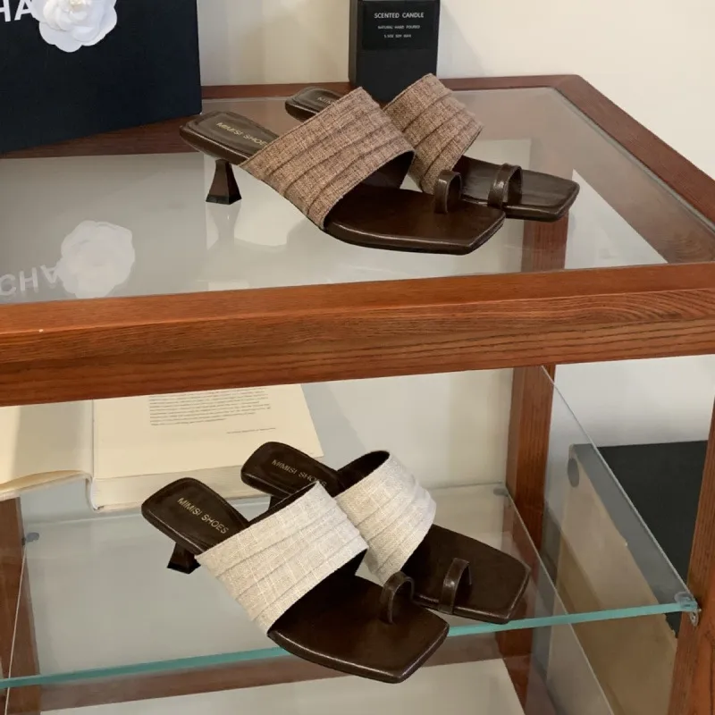 Mujeres Francés Punta Cuadrada Lazo Dedo Tacón de Gatito Sandalias Elegante PU Tejido Tela Zapatos de Verano Casuales