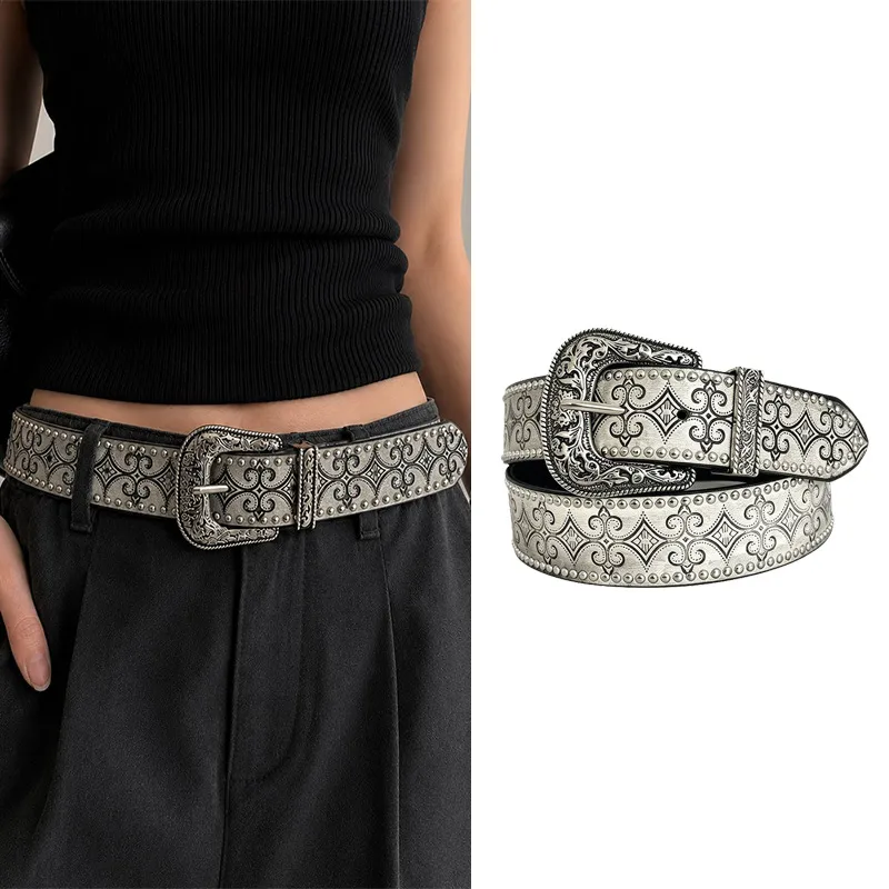 Cintura Western Con Borchie Punk Cowboy Jeans Cintura Goffrata Fibbia Intagliata Cinturino Grigio Accessori Per Uomo Donna