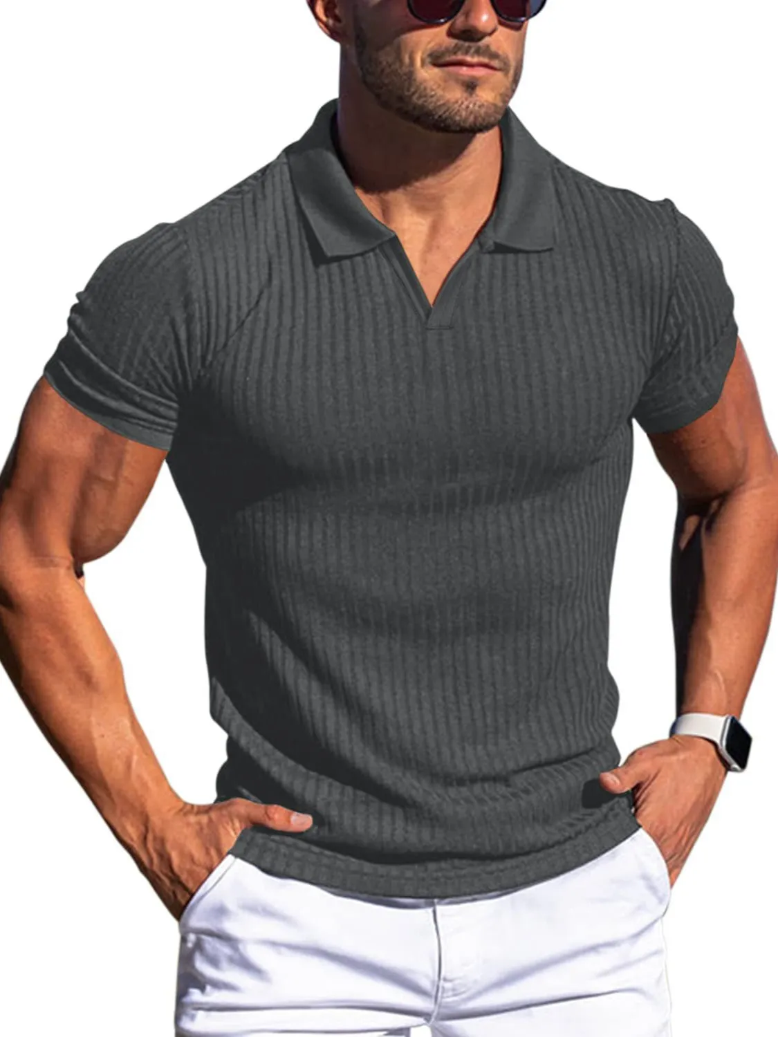 Men's Summer Casual Polo Shirt Lapel V-Neck Vertical Striped Short Sleeve Slim Fit Moisture Wicking Business Top