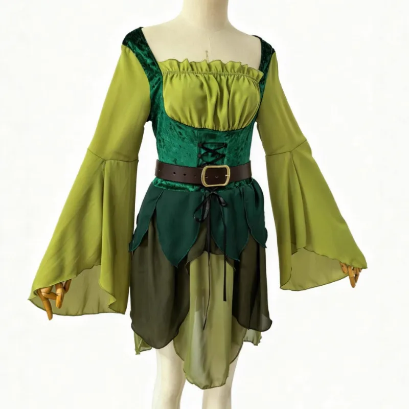 Damen Mittelalter Elf Kleid Zauberer Von Oz Magischer Wald Fee Kostüm Grün Schwarz Gotisch Samt Spleiß Cosplay Outfit Für Halloween Party Bühnenaufführung
