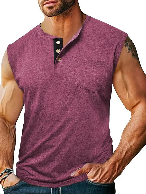 Men Casual Polyester Sleeveless Top Sporty Henley Multi-Button Pocket Vest Solid Spliced Breathable Tank Top For Everyday