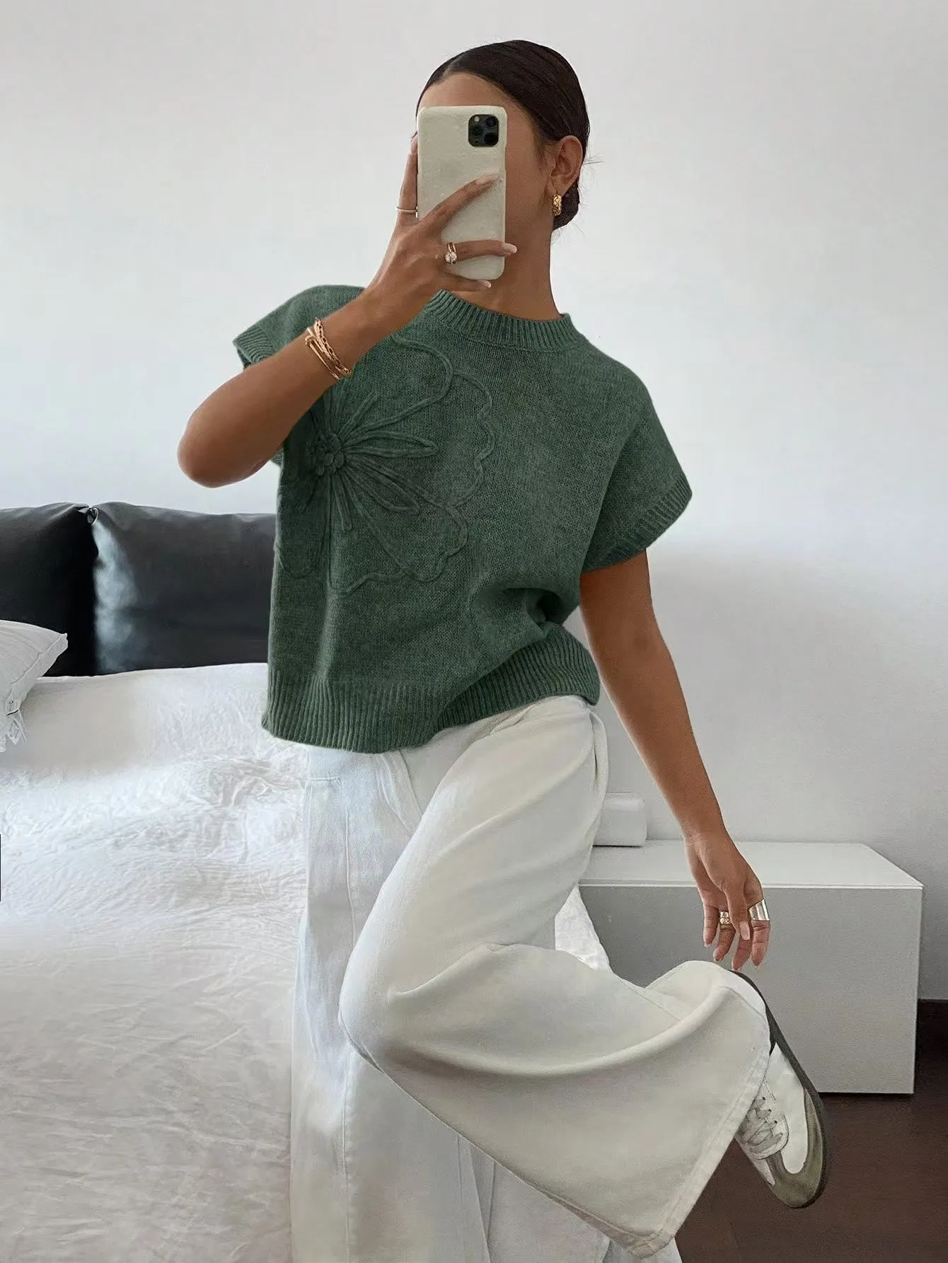 Damen Casual Polyester Jacquard Strickpullover Rundhalsausschnitt Kurzarm Pullover Einfarbige Oberteile Mode Strickwaren