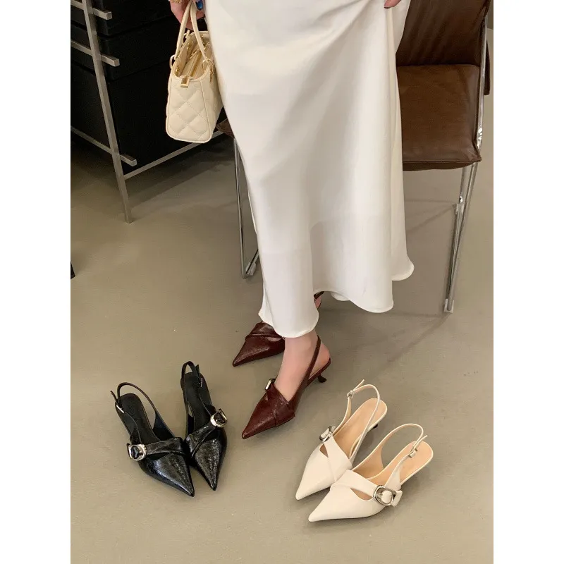 Women's Patent Leather Kitten Heels Pointed Toe Slingback Pumps Metal Buckle