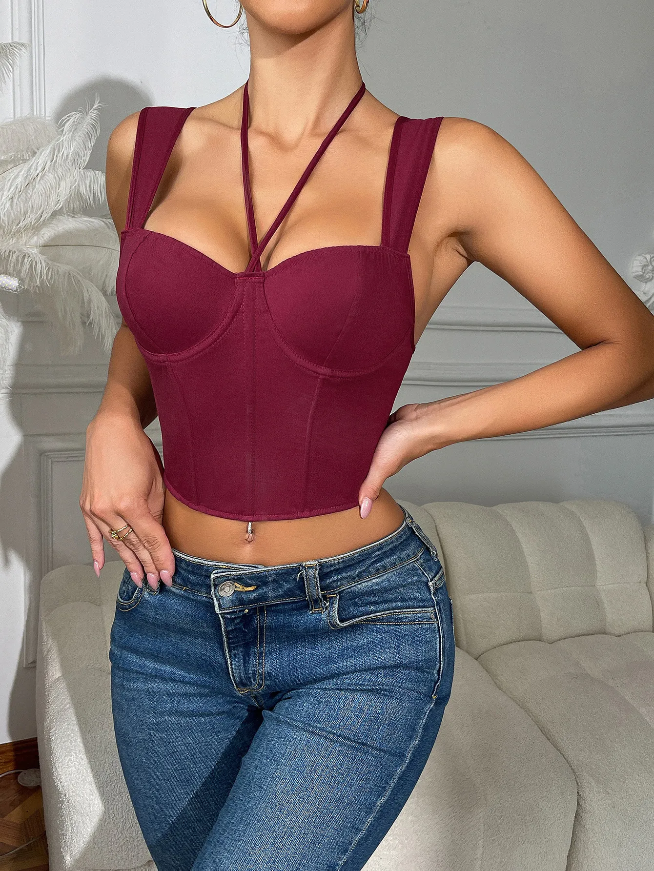Women's Sexy Halter Corset Top French Vintage Boned Slim Fit Cami Sleeveless Party Clubwear
