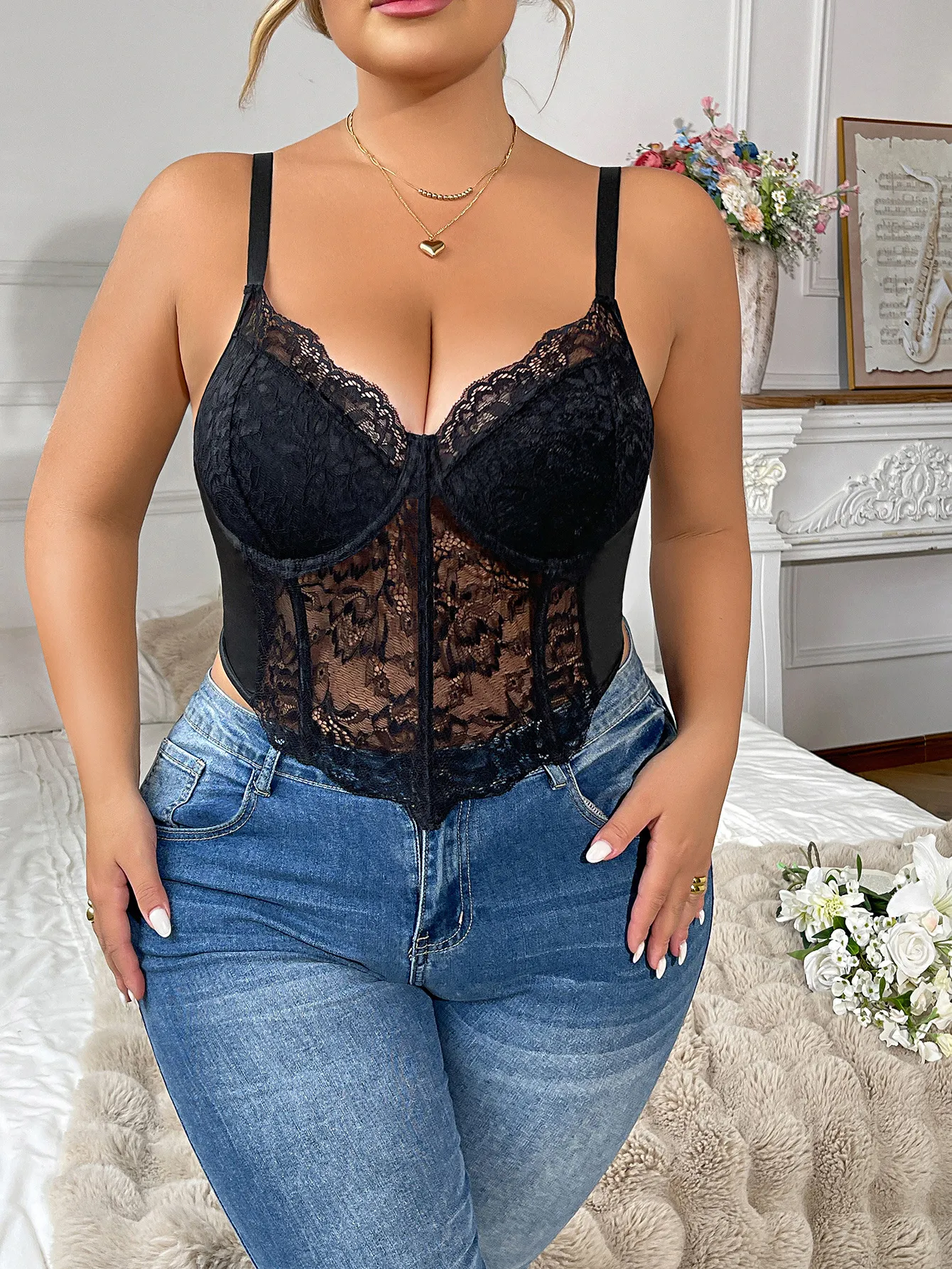 Plus Size Women Lace Cami Top Sexy Sheer Mesh Corset Crop Top Underwear With Steel Ring Plus Size Apparel