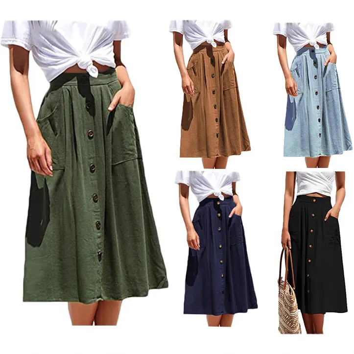 Jupe Midi Trapèze Taille Haute Décontractée pour Femmes Couleur Unie Plissé Poche Boutonnée Vêtement Quotidien