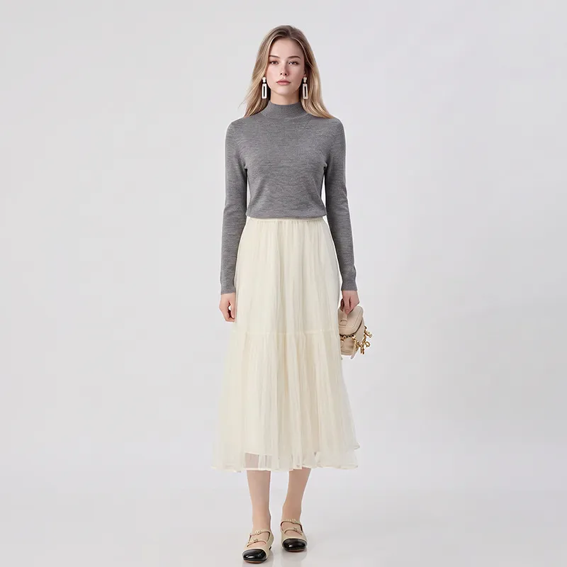 Women's Mock Neck Long Sleeve Pure Wool Sweater Casual Solid Color Regular Fit Knit Pullover Autumn Winter Top
