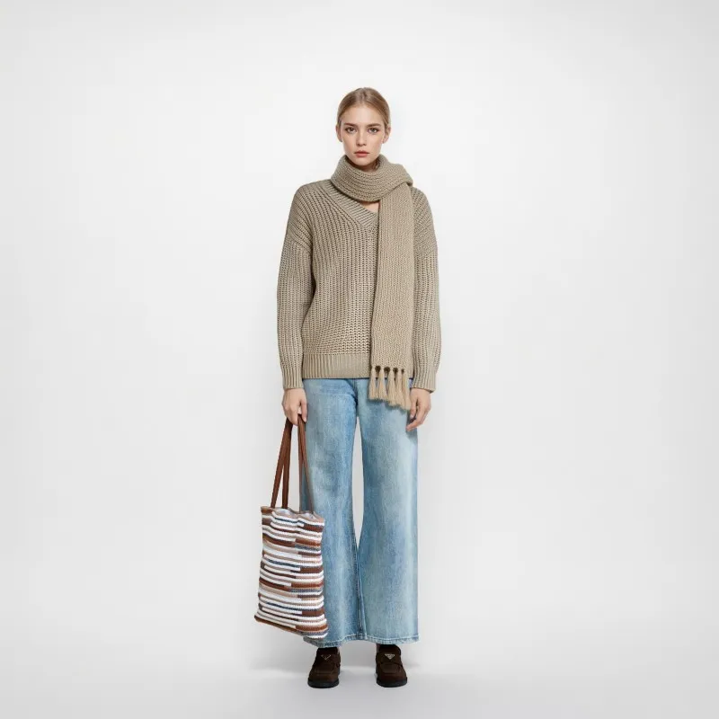 Γυναικείο Casual Χοντρό Ακρυλικό V-Neck Μακρύ Κασκόλ Πλεκτό Πουλόβερ Χειμερινή Μόδα Μακρυμάνικο Top
