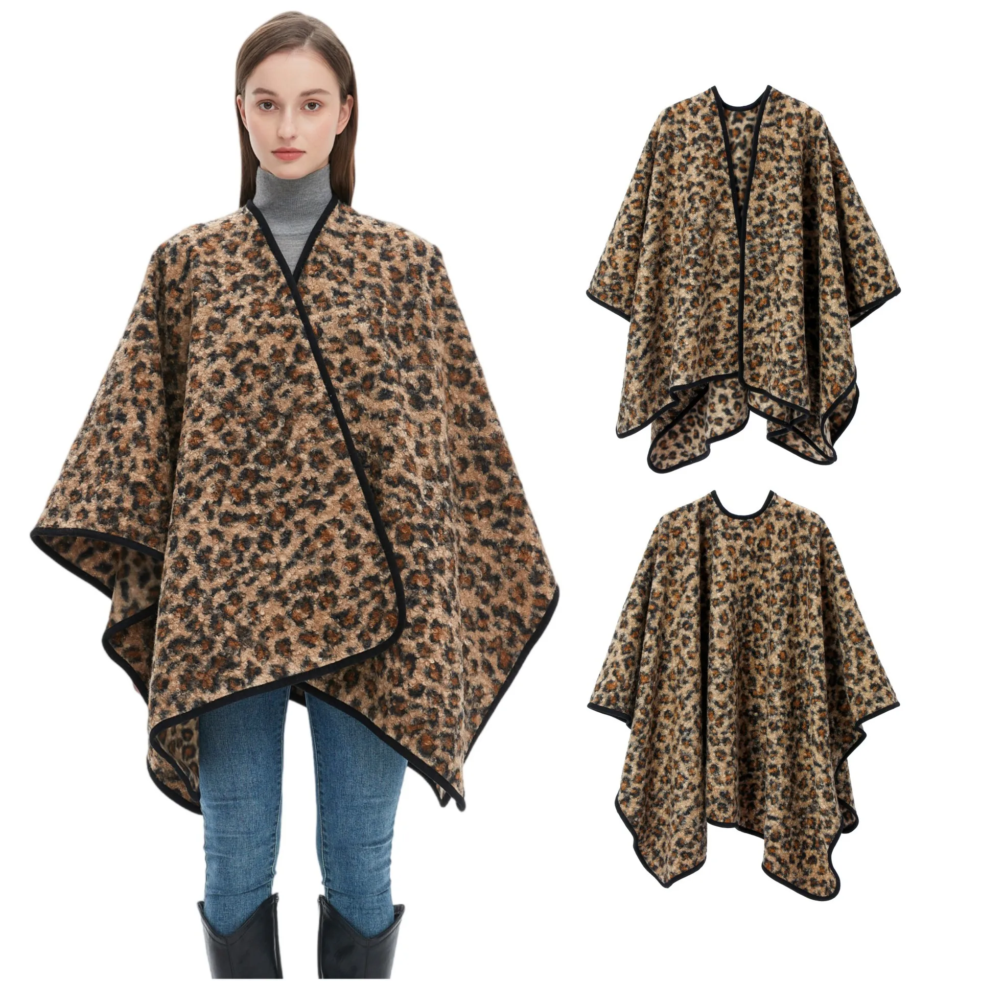 Damen Mode Leopardenmuster Schal Winter Warm Weich Polyester Wrap Schal Schick Schwarzer Rand Umhang