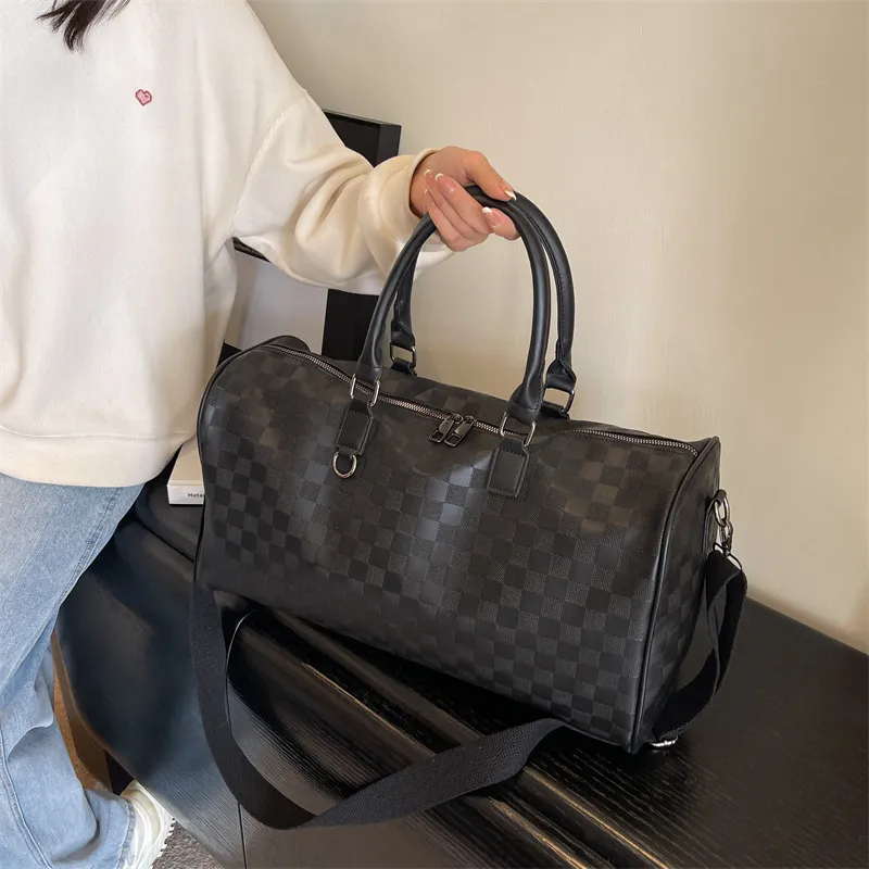 Große Kapazität Reisegepäcktasche Minimalistisch Karomuster PU Leder Handtasche Freizeit Business Fitness Tasche